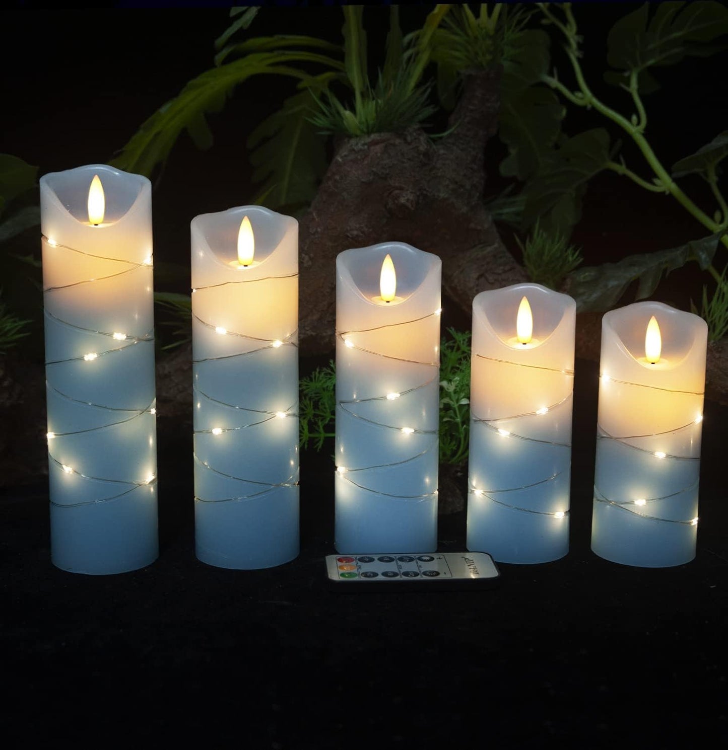 danip LED Flameless Candle with Embedded Star String, 5 Piece LED Candle with 10 Button Remote Control, 24 Hours Timer Function, Dancing Flame, Real Wax, Battery Powered. (Sky Blue)