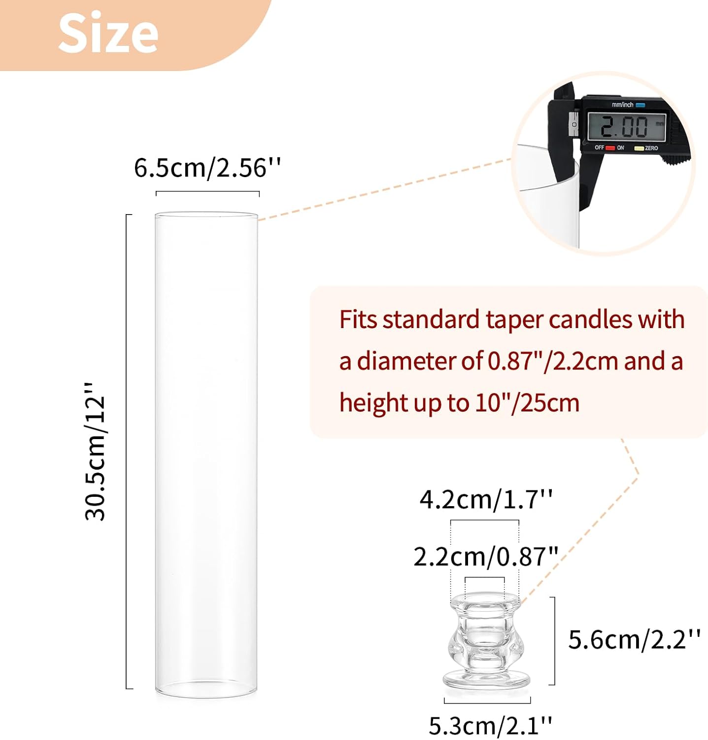 NUPTIO Taper Candle Holders Glass: Set of 2 Clear Hurricane Candlestick Holder - Fluted Candles Stick Stand with Tall Windproof Cylinder Cover for Thanksgiving Christmas Decor