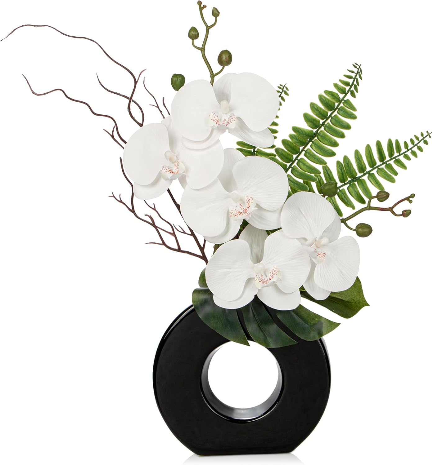 Briful Orchid Fake Flowers 16.1'' White Artificial Orchid Silk Flowers in Black Pot Faux Orchid Arrangement for Home Office Desk Modern Decoration