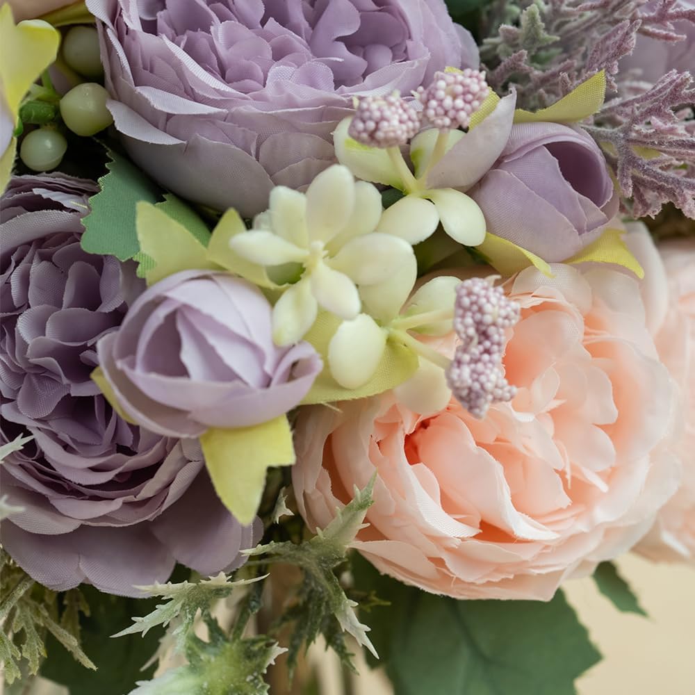 Artificial Peonies Silk Flowers Bouquet in Glass Vase Faux Flowers Bouquets Modern Penoy Arrangement for Home Decoration Table Centerpiece (Bouquet-Pink Purple)