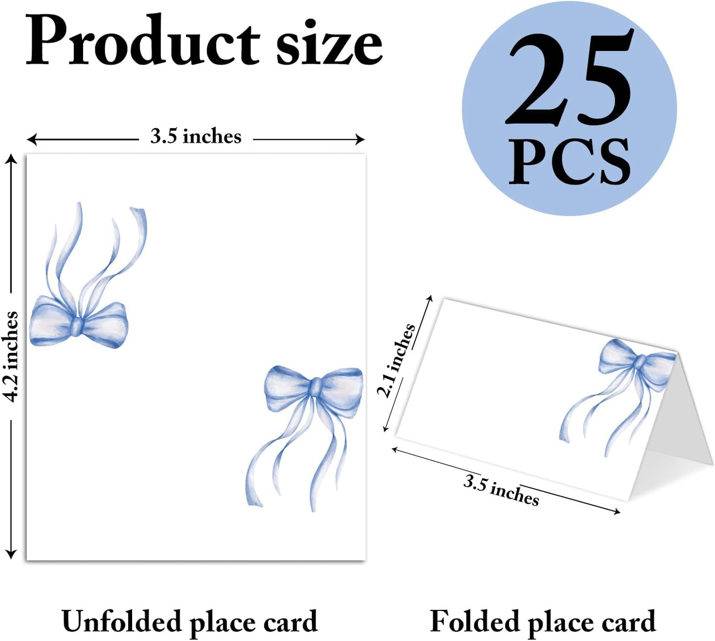 25 Pack Blue Bow Place Cards, Editable Name Cards for Table Setting, Watercolor Tent Cards Food Label for Dinner Party, Bridal Shower, Wedding, Baby Shower and Events -T32