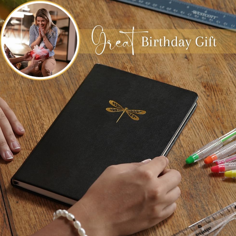 SETTINI Dotted Journal, Ideal for Bullet Journaling - A5 Vegan Leather Notebook, 192 Archival-Quality Pages, QuillEase Bleed-Free Paper, Inner Pocket & Bookmark - Dragonfly Gifts for Women & Men, Black Dragonfly