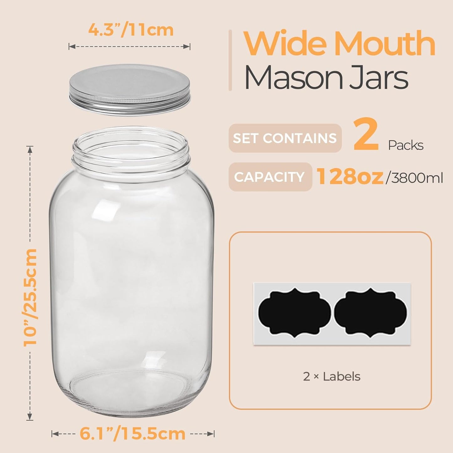 ComSaf 1 Gallon Wide Mouth Mason Jars 2 Pcs, 128 oz Glass Jars with Lids, Flour Sugar Storage Containers, Large Glass Containers for Pickles, Fermented Food, Sourdough Starter, Food Storage