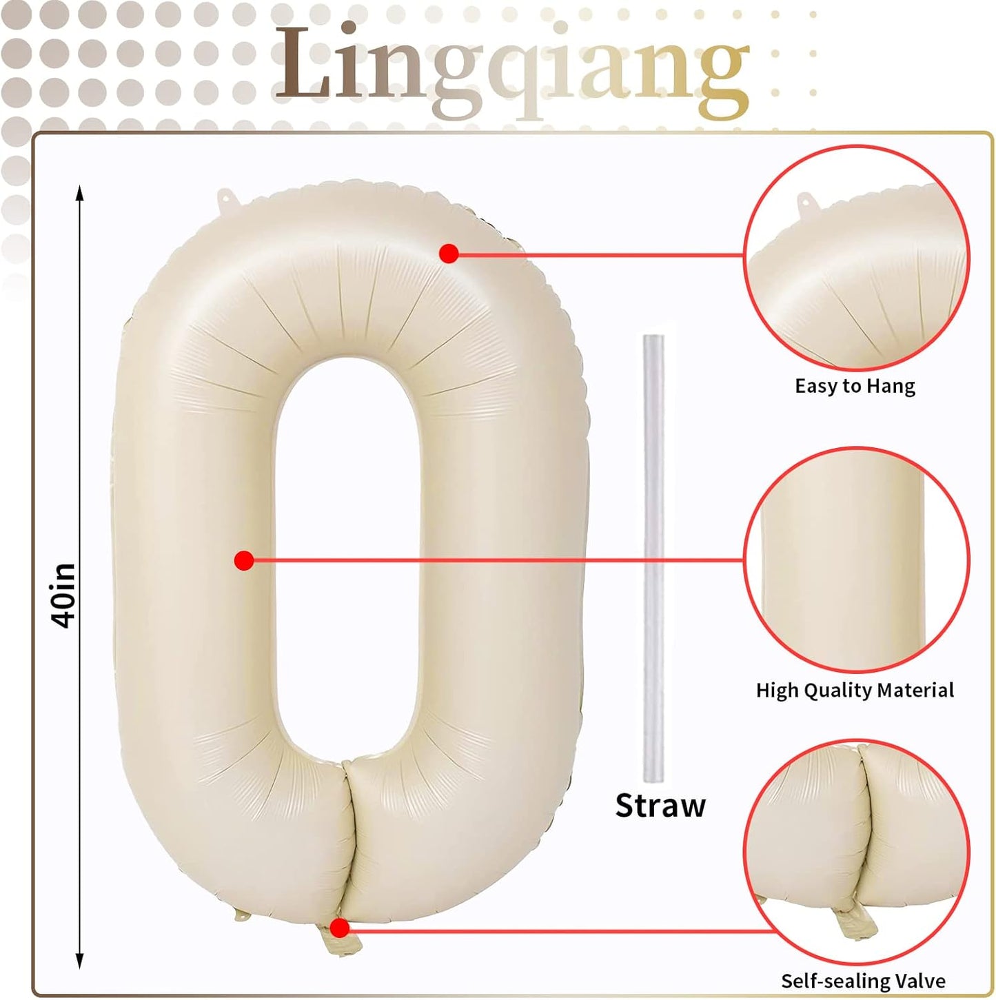 40 In Cream Large Numbers Balloons 0-9, Self Inflating White Sand Foil Number 0 Helium Balloons for Boys Girls, Big Beige Digit 0 Balloons for Women Men Birthday Party Anniversary Supplies Decorations