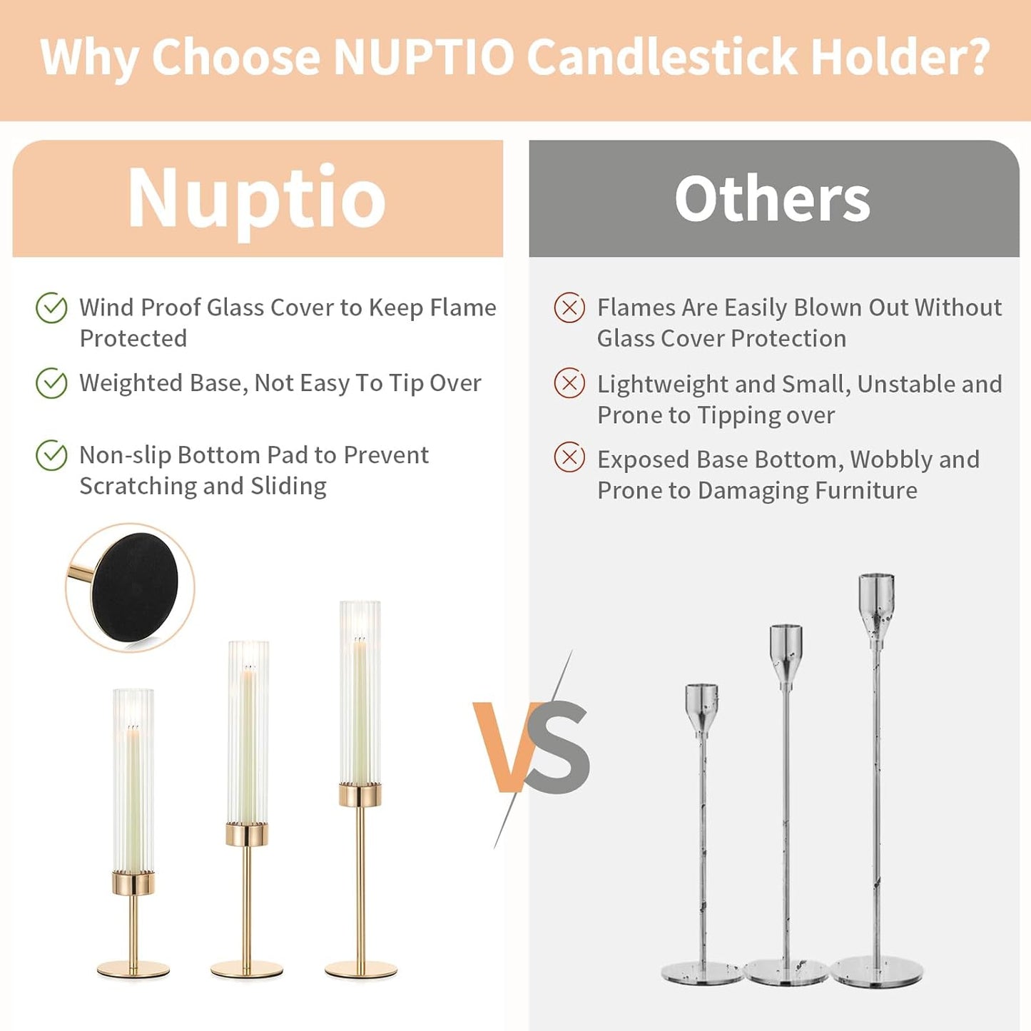 NUPTIO Hurricane Glass Candles Holder: 18 Pcs Gold Taper Candle Stick Holder Bulk - Modern Candlestick Decor with Tall Ribbed Chimney Sleeve for Thanksgiving Christmas Centerpiece