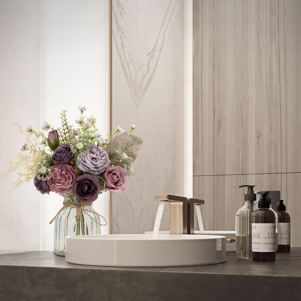 LESING Fake Artificial Flowers with Vase Faux Silk Flower Bouquet in Glass Vase Rose Floral Arrangements Flower for Home Office Decoration, Dining Table Centerpiece (Purple)