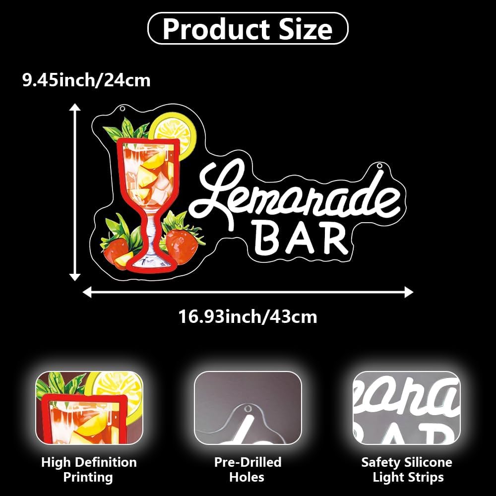 Lemonade Neon Sign,Lemonade Bar Led Neon Signs Wall Decor, Cocktail Bar Drinks Neon Signs for Business Art Wall,Restaurant,Shop,Pub, Night Club, Man Cave Decoration