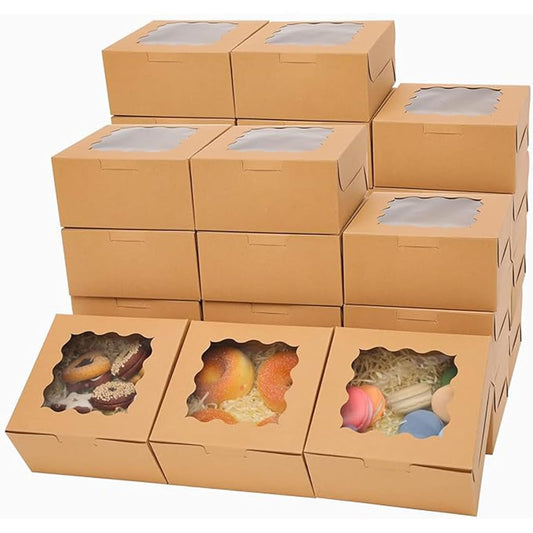 Bakepacker 60pcs Kraft Bakery Boxes with Window 6x6x3 inches Thick & Sturdy Macaroon Pastry Boxes Cookie Boxes for Bakerys