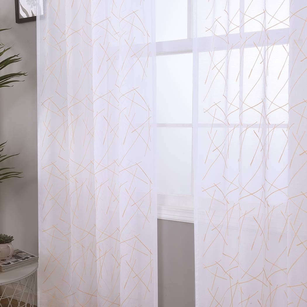 Sheer Beige Curtains 95 Inches Embroidered Branch Patterned Semi Sheer Window Treatments Rod Pocket Voile Curtain Panels for Living room, Bedroom, Yard, Patio, Villa, Parlor, Set of 2, 52"x95".