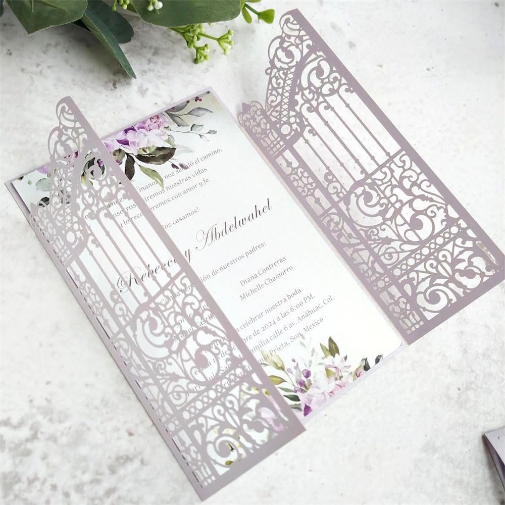 MillaSaw Lavender Laser Cut Wedding Invitations Gate invite Folder For Marriage Valentines Birthday Party 25 Sets (lavender, 4.9"x7.1")