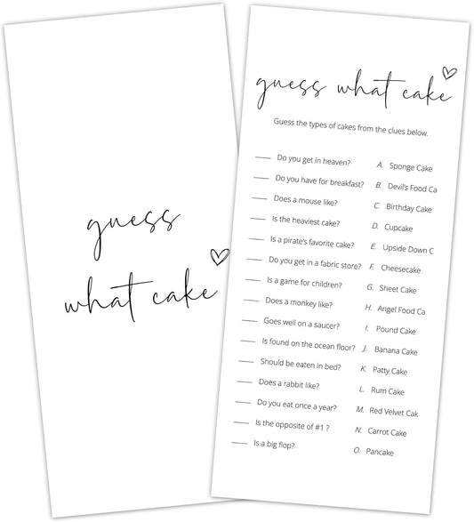 Bridal Shower Games, What Cake, 25Pcs 4x9inch Minimalist White Double-Sided Bridal Game Cards with 1 Answer Key, Wedding Shower Games for Guests, Engagement Bachelorette Party Supplies - A03