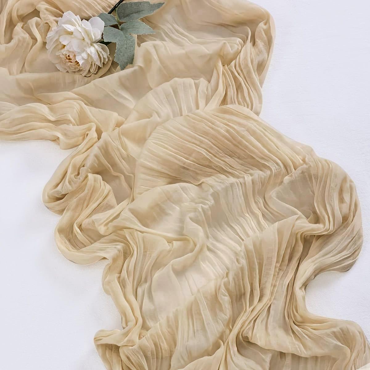 6 Pack Beige Cheesecloth Table Runner 21x120 Inch Boho Wrinkled Sheer Romantic Gauze Decor for Wedding, Bridal Shower, Birthday Party