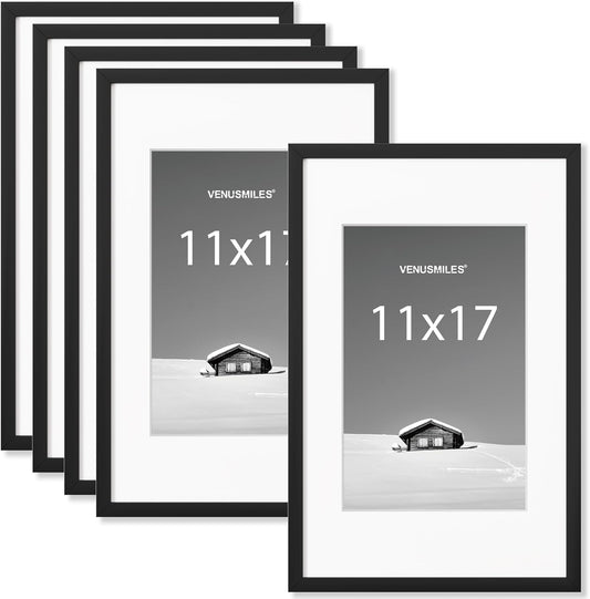 11x17 inch Picture Frame, 11x17 Photo Frames with Removable Mat - High Definition Plexiglass - Vertical and Horizontal Display - Wall Hanging Frame - Black, 5 Pack