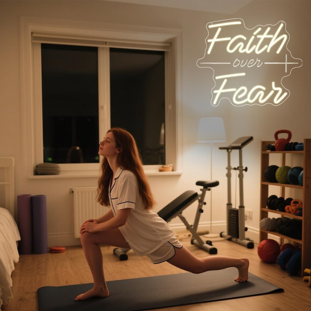 Faith Over Fear Neon Sign,Christian Dimmable LED Light Signs for Wall Art Decor,Warm White Backdrop for Bedroom Club Party Man Cave,Gift for Teen Men USB Powered（13.8"*11.6"）