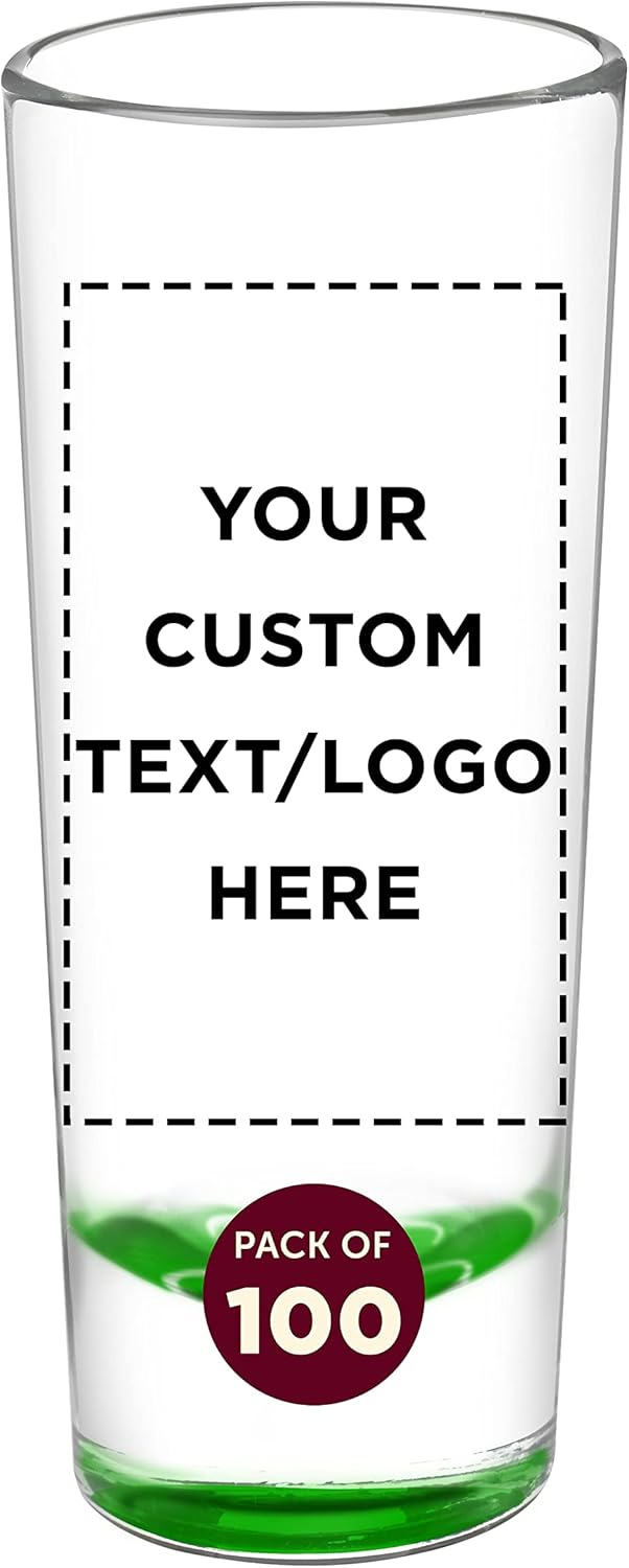 Custom Cordial Shooter Shot Glasses 2 oz. Set of 100, Personalized Bulk Pack - Great for Birthdays, Parties, Indoor & Outdoor Events - Green