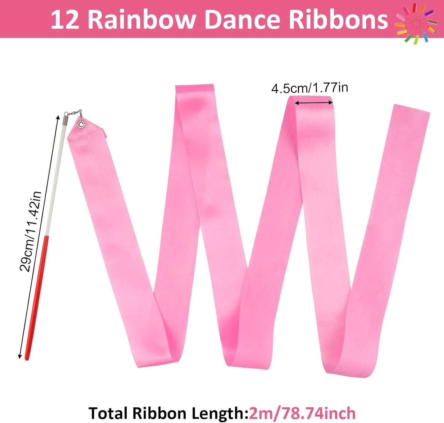 12 Pack Dance Ribbons for Kids, Dance Class, Birthday Party, Gymnastics, Princess Party Favors (Rainbow)
