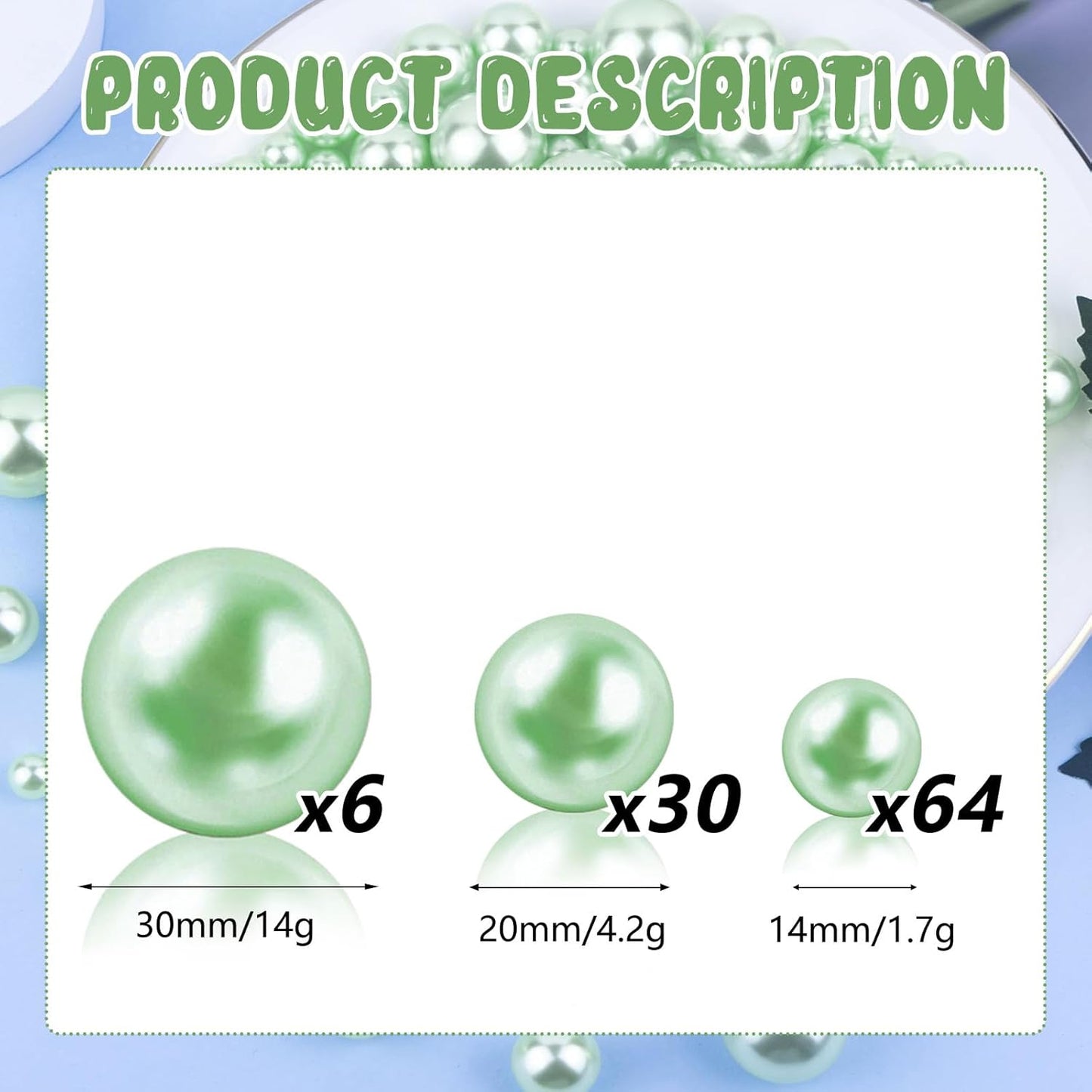 100PCS Faux Pearls Beads for Centerpiece Vases, Green Vase Filler Faux Pearls, No Holes Filler Beads for Mardi Gras St. Patrick's Day Party Wedding Table Decor, 14/20/30mm