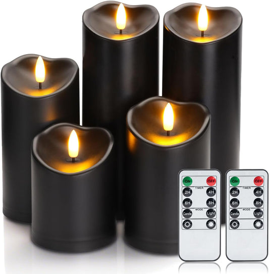 Amagic Black Halloween Flameless Candles with Remote, Waterproof Outdoor Candles Battery Operated with Timer, Plastic Flickering LED Pillar Candle for Holiday, Theme Party, Pumpkin Decor, Set of 5
