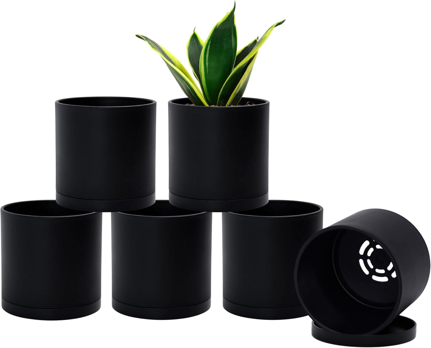 D'vine Dev 6 Pack 4.5 Inch Modern Plastic Plant Pots, Small Garden Planters for Plant with Drainage Holes and Saucers, Black Color, 74-Y-F-3