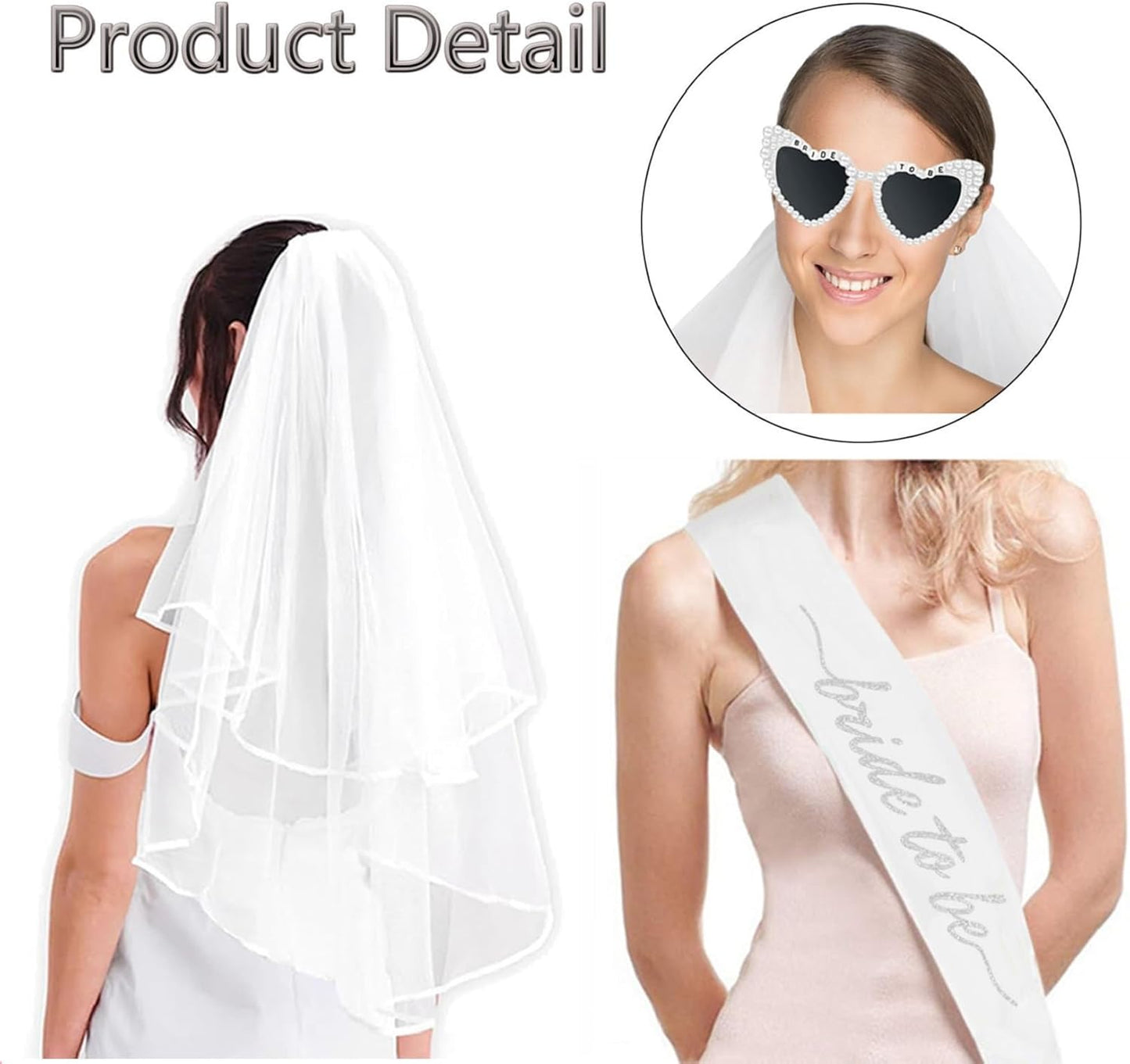 3PCS Glitter Silver Bride To Be Sash and Veil Bride Heart Pearl Sunglasses for Bachelorette Bridal Shower Engagement Party Favors Accessories