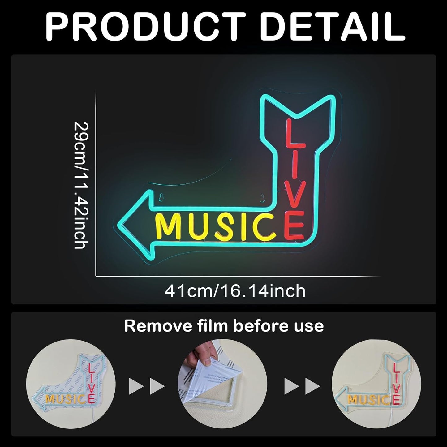 LIVE MUSIC Neon Sign – LED Arrow Neon Light for Wall Decor, USB Powered, for Bedroom, Bar, Studio, Cafe, Game Room, Party, Home Decor Gifts for Music Lovers