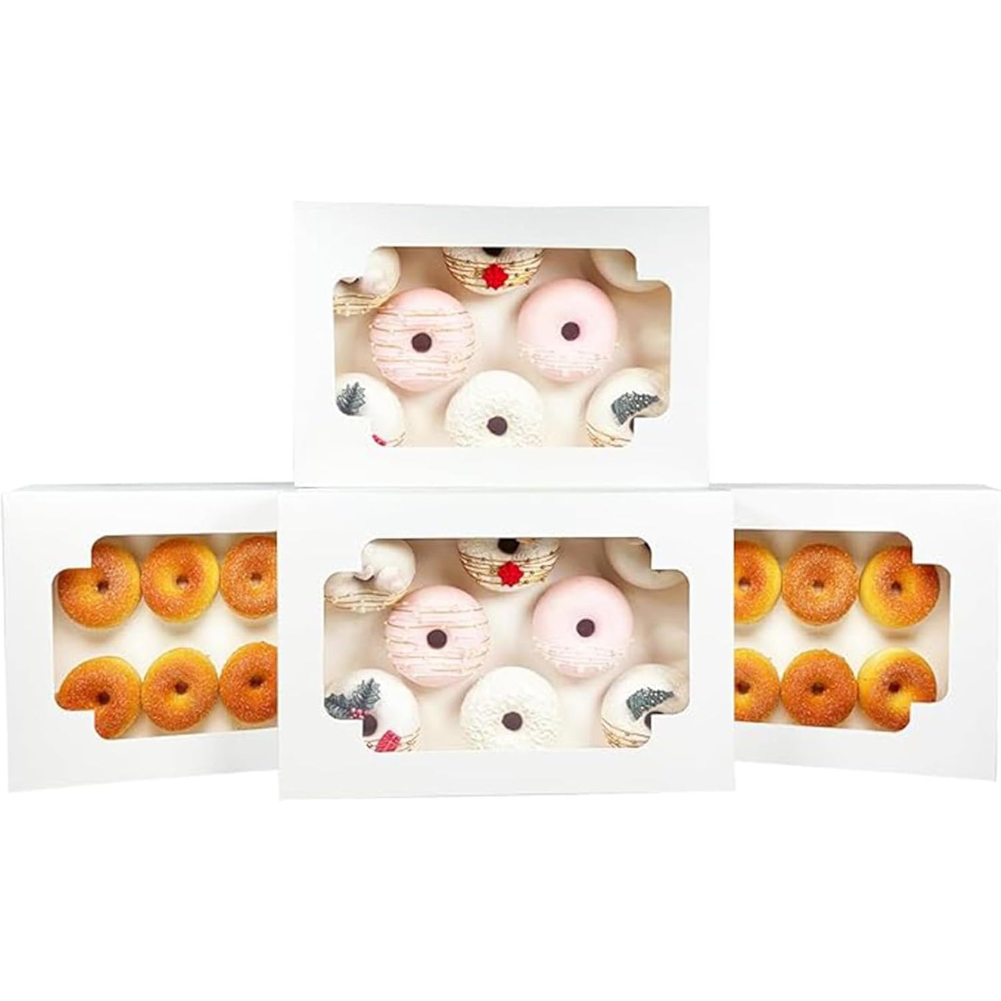 qiqee Auto-pop up White Cookie Box with Window 12x8x2.5 inch 32 Packs Two Uses One Second Folding Pastry Biscuit Bakery Box for Packaging