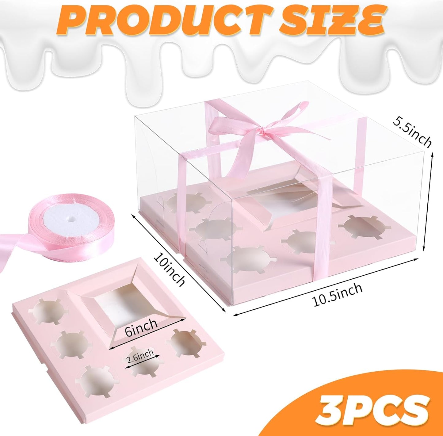 JCD 3 Packs Pink 1+5 Cupcake Containers with Gift Ribbon Cake and Cupcake Combo Bento Boxes with Clear Lid and 5 Cupcake Holes Pastry Sweets Bento Box(Pink 1+5/3Pcs)