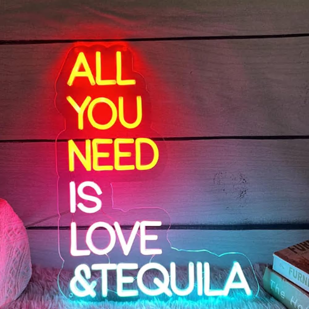 All You Need Is Love & Tequila Neon Sign, Custom Bar Neon Light Home Bar Cocktail Wall Decor Quote Tequila Alcohol Sign USB Size:14x10inch