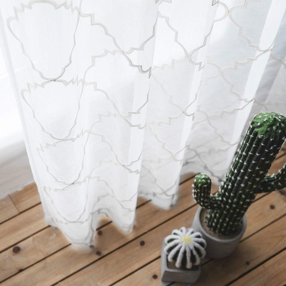 White Sheer Curtains 84 Inches Long, Rod Pocket Sheer Drapes for Living room, Bedroom, 2 Panels, 52"x84", Embroidered Moroccan Tile Lattice Design Semi Voile Window Treatments for Yard, Patio, Villa.