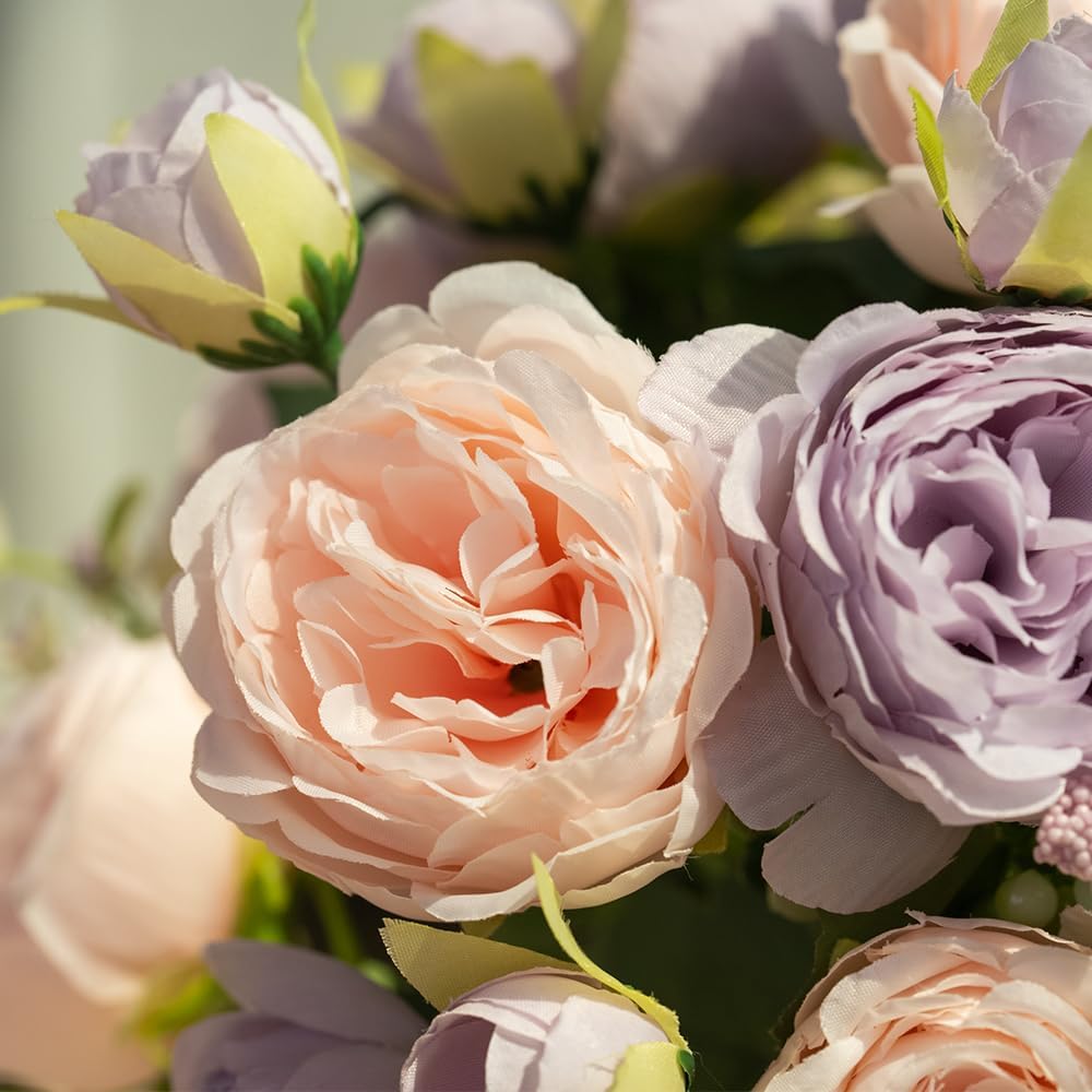 Artificial Peonies Silk Flowers in Glass Vase Faux Flowers Bouquets Modern Penoy Arrangement 4 Pack for Home Decoration Table Centerpiece (Pink Purple)