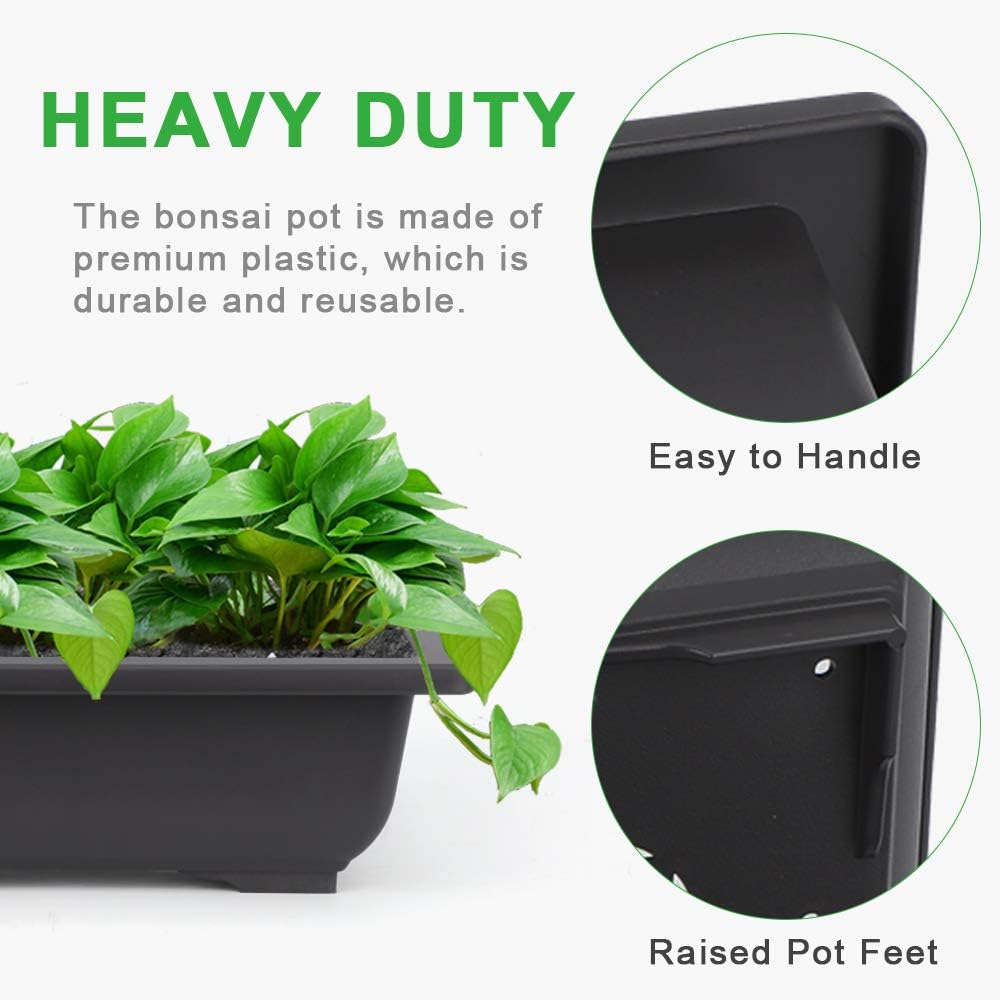 GROWNEER 6 Pack 9 Inch Bonsai Pots with Drainage Humidity Trays, Bonsai Tree Training Kits with 1 Repotting Mat, Rectangle Planter Plants Container Growing Pot for Garden Outside Indoor