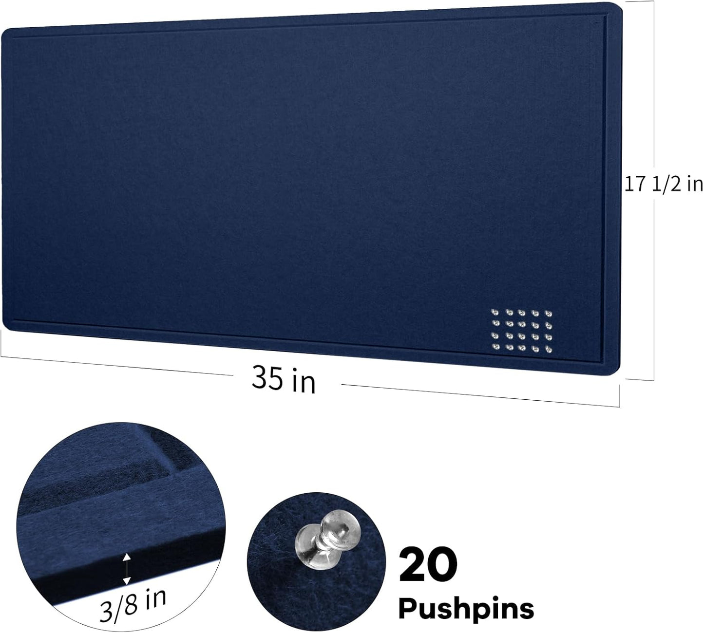 Bulletin Board, 35 x 17 1/2 inches Felt Board - Decorative Pin Board, Cork Board Alternative for Wall, Foldable Picture Board Self-Adhesive Vision Board Prayer Board with 20 Pushpins Dark Blue