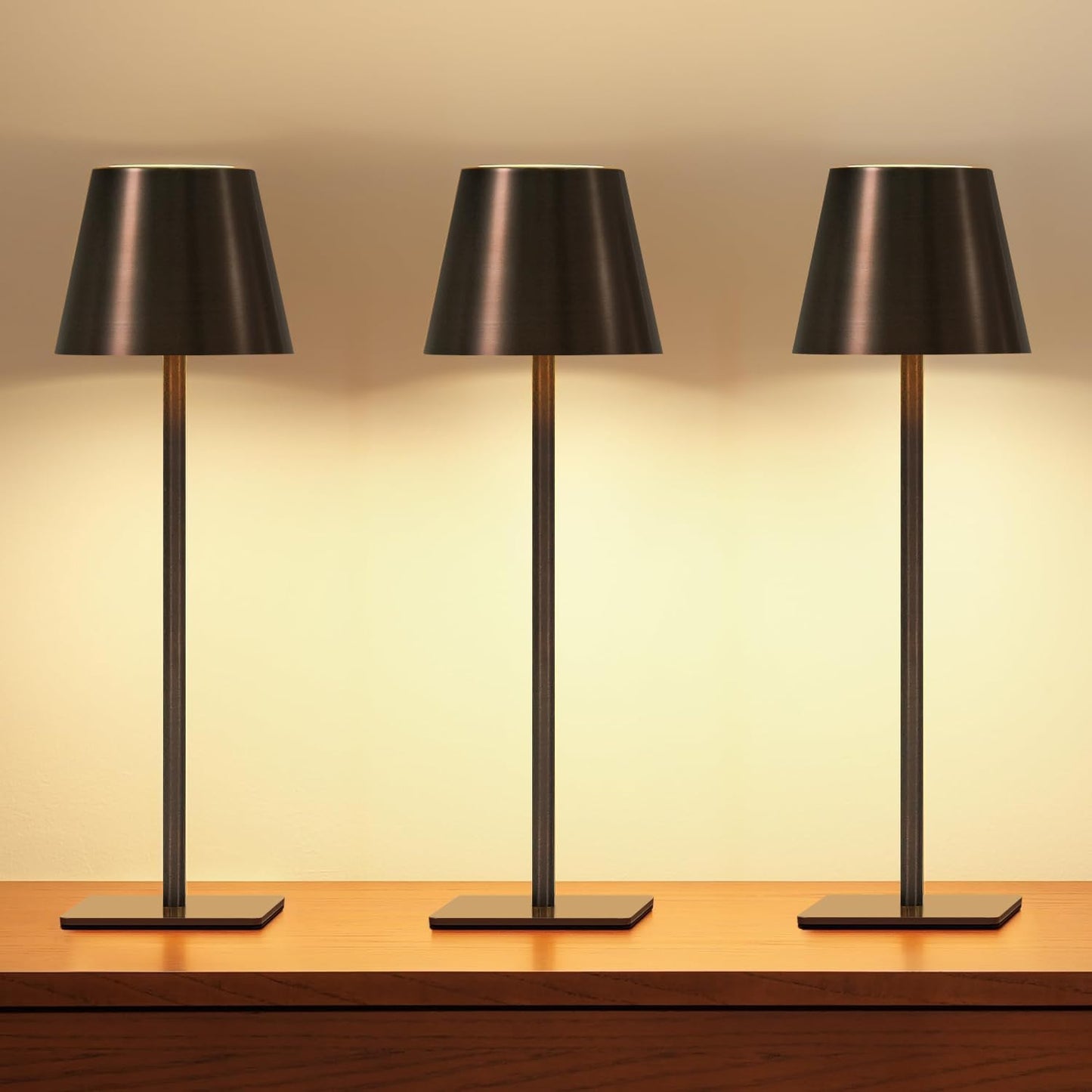 UME 3 Pack Cordless Table Lamp, Battery Operated Lamp - Portable Waterproof Rechargeable Table Lamp w/ 3 Color Temps & Stepless Dimming for Dinner, Desk, Cafe, Outdoor (Brushed Bronze | Coffee Tonal)