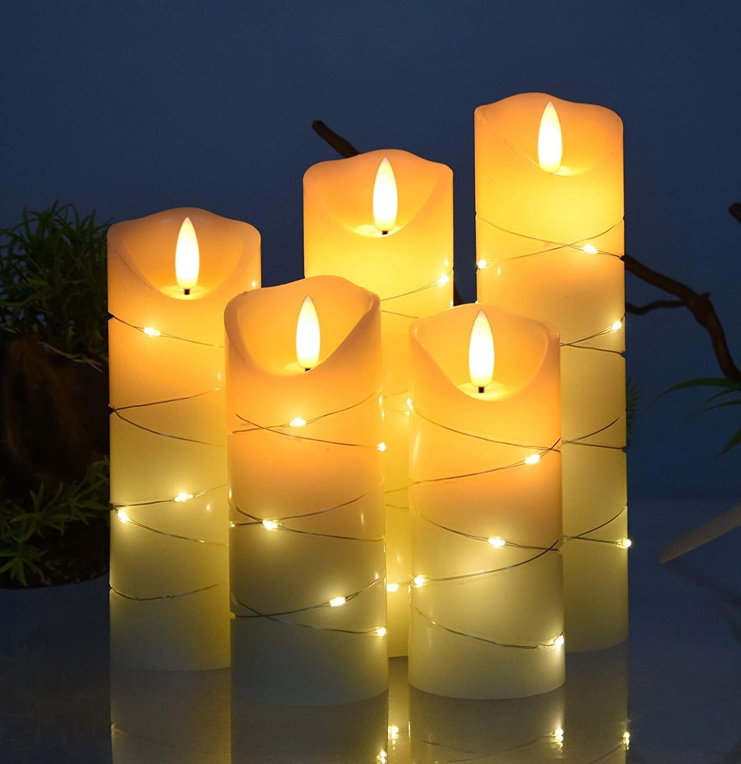 LED flameless Candle, with Embedded Starlight String,（ danip)5-Piece LED Candle, with 10-Key Remote Control, 24-Hour Timer Function, Dancing Flame, Real Wax, Battery-Powered. (Ivory White)