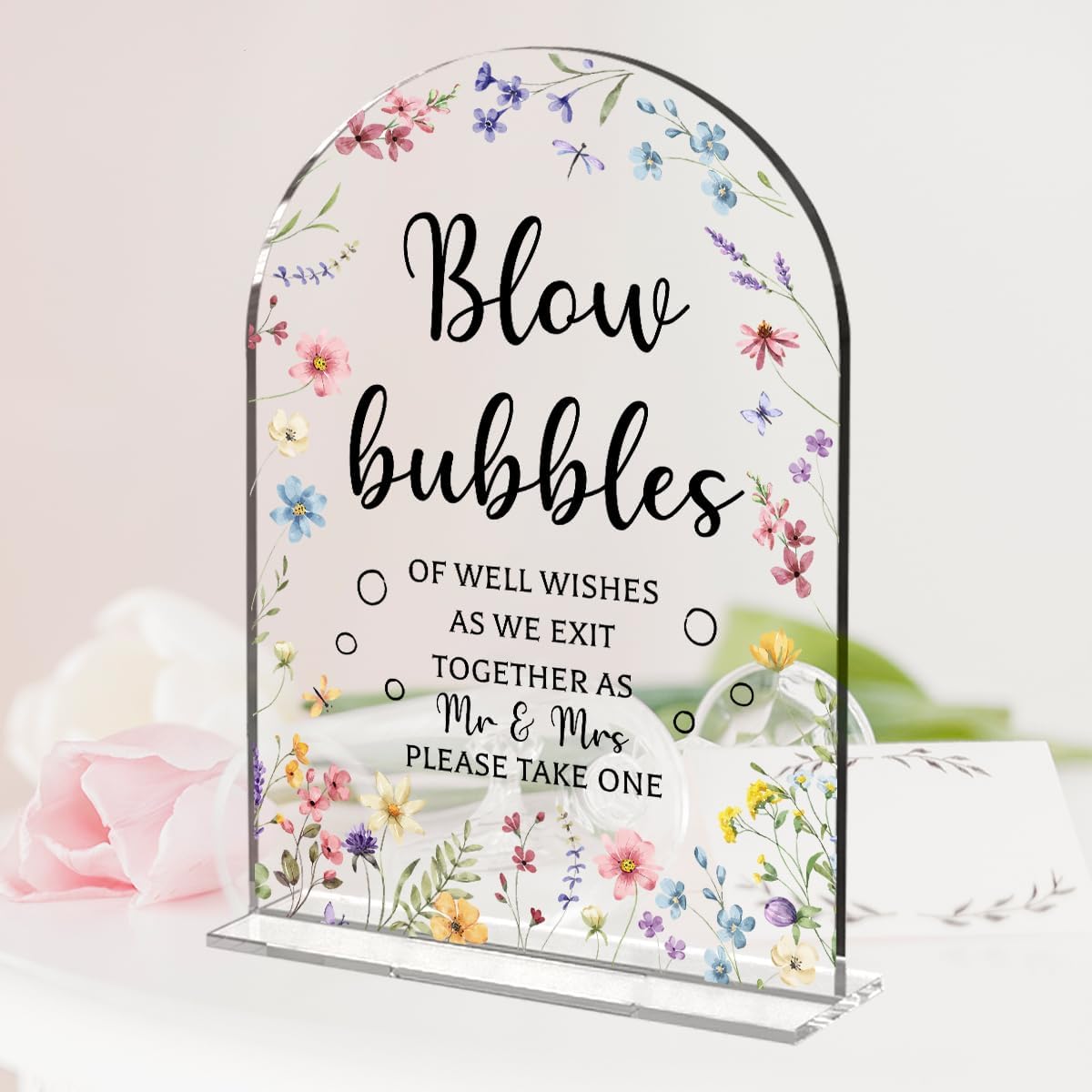 Wedding Sign Decor, Arch Acrylic 5x7 Inch, Blou Bubbles Sign Wedding Sign for Reception & Event, Bridal Shower Decorations, Wedding Table Sign Accessories for Anniversary And Party (Flower)