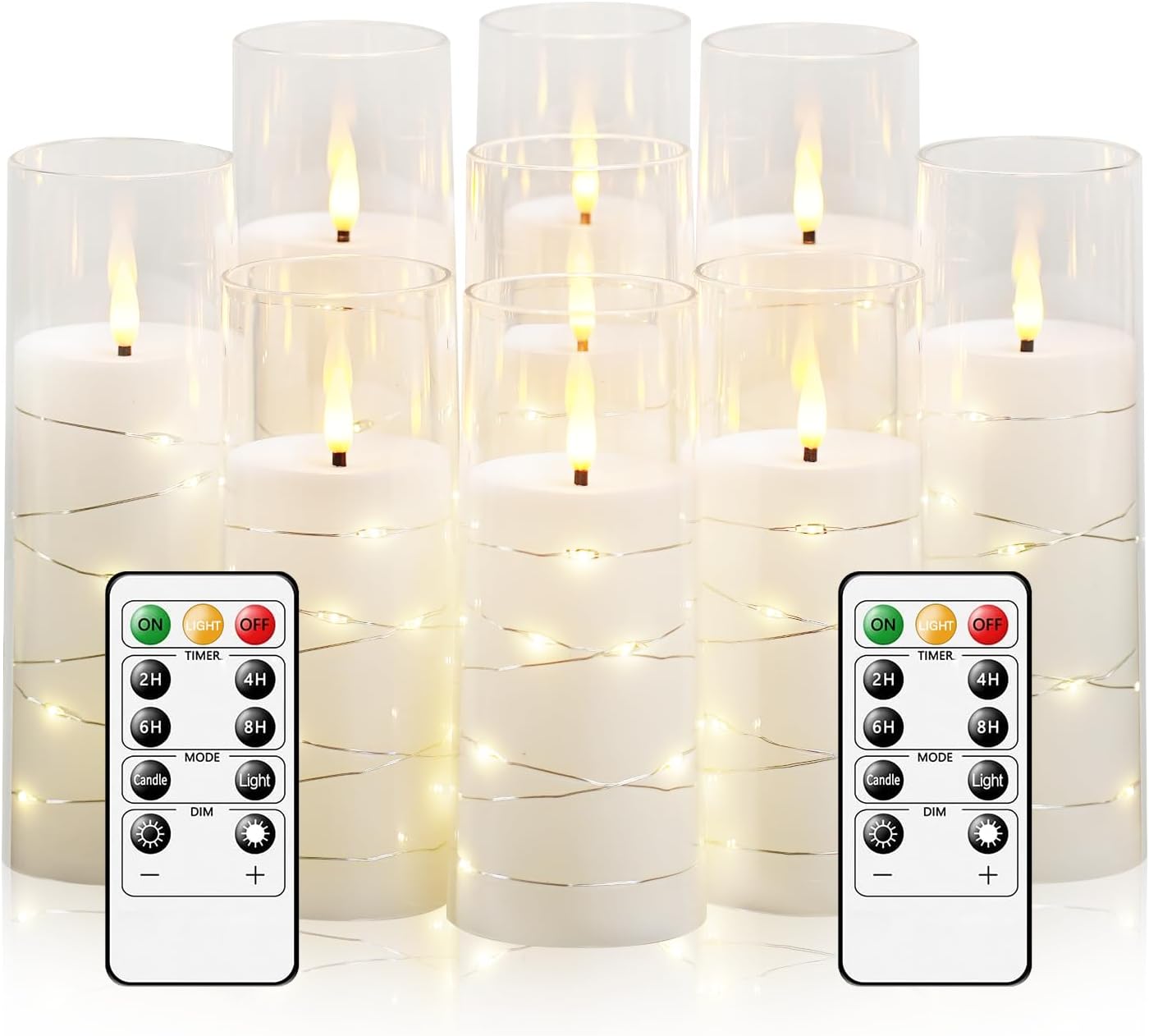 Flameless LED Candles with Timer 9 Pc Flickering Flameless Candles for Romantic Ambiance and Home Decoration Stable Acrylic Shell,with Embedded Star String，Battery Operated Candles（White）