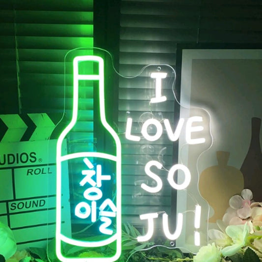 I Love Soju Neon Sign Custom Neon Sign Korean Led Light Korean Bar Restuarant Signage Wall Decor Neon Art Personalized Gift for Soju Lover USB Size:20inches