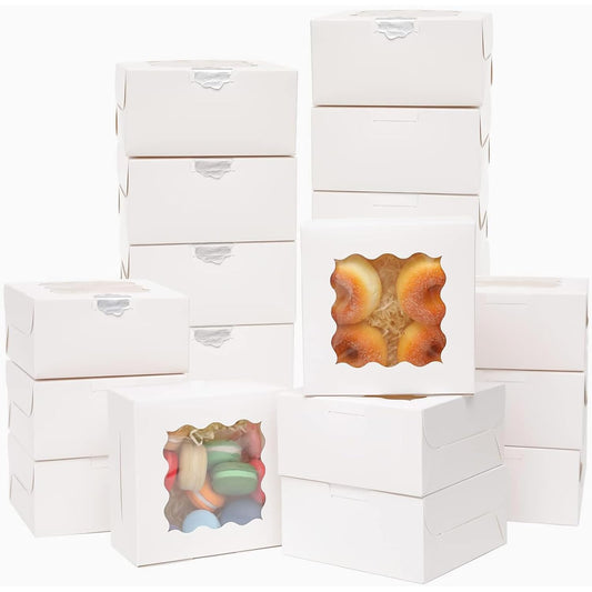 Bakepacker 100pcs White Bakery Boxes with Window 6x6x3 inches Thick & Sturdy Macaroon Pastry & Cookie Boxes