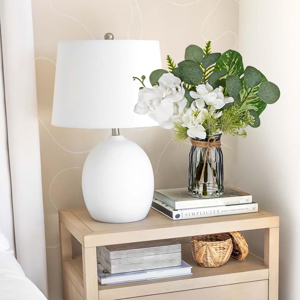 White Orchids Artificial Flowers with Vase Fake Flower in Vase Artificial Eucalyptus Stems in Glass Vases with Faux Water Faux Orchid with Evergreen Plant Arrangement for Dining Table Centerpiece