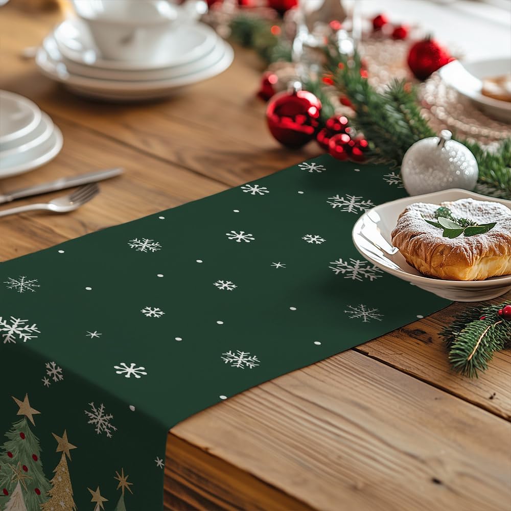 GEEORY Christmas Table Runner 13x48 Inch, Xmas Trees Snowflakes Holiday Decorative Farmhouse Table Decoration for Kitchen Dinning, Indoor Outdoor Dinner Party Decor (Green) GT152-48