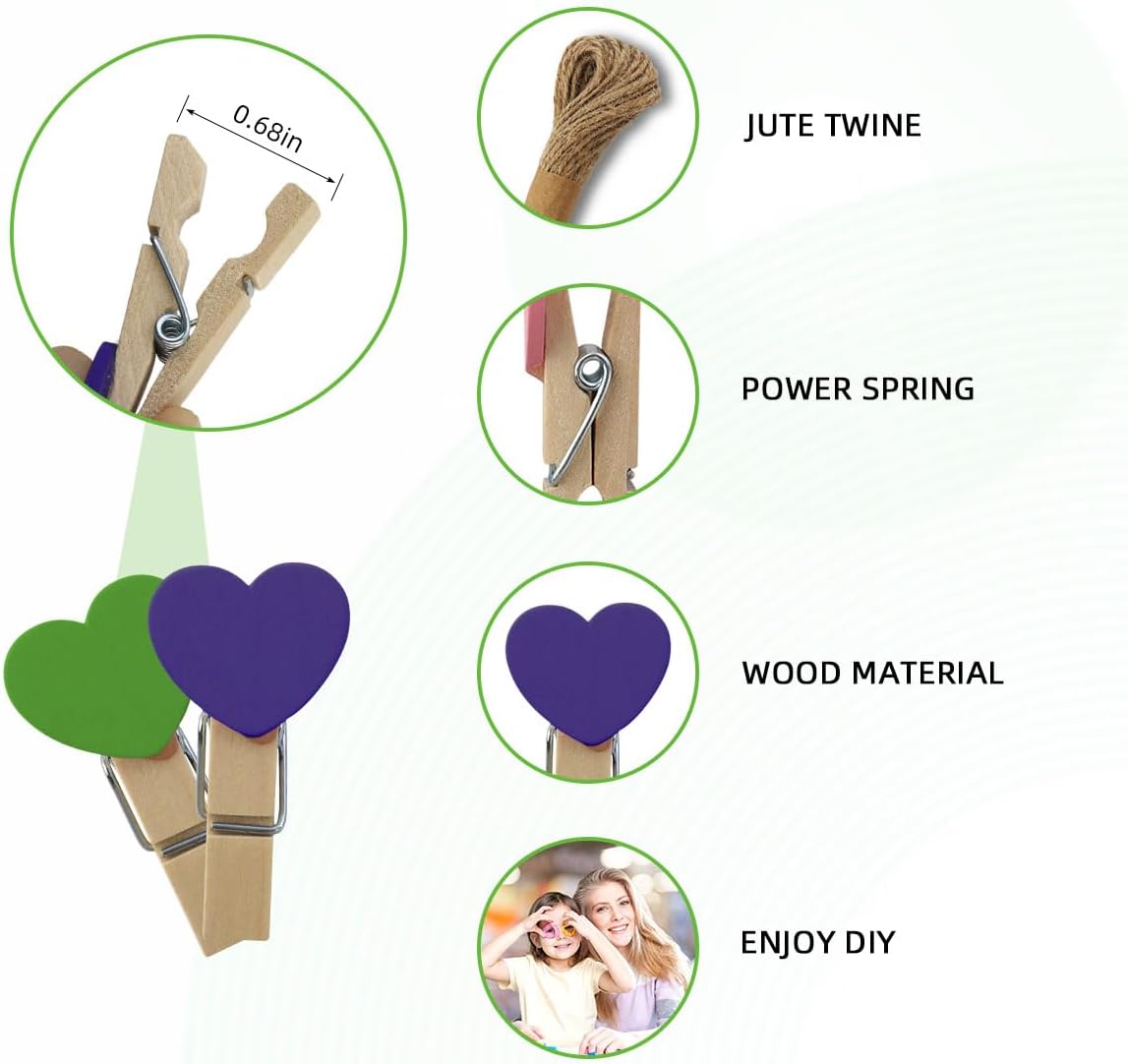 80 Pieces Wooden Heart Clothespins Mini Heart Photo Clips Colorful Small Clothes Pins for Crafts Picture Paper Hanging Natural Wooden Clothespins with Jute Twine for Wedding Party Photos Display