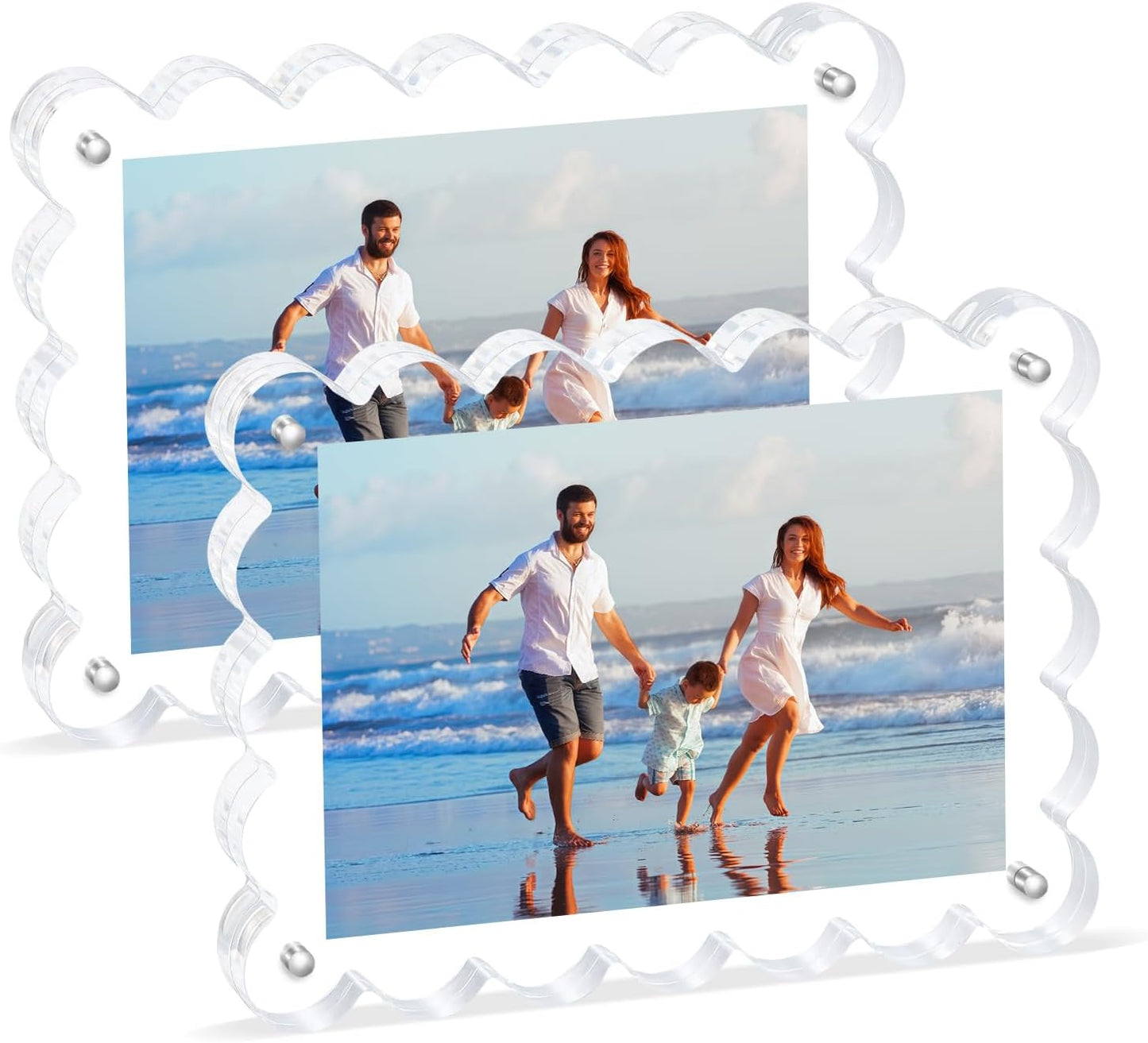 Scalloped Magnetic Picture Frame 4x6 Inch - 2Pack Clear Acrylic Photo Frame, 20mm Thick Double-Sided Magnet Design, Trendy Desktop Display for Home/Office Decor (2 Pack, 4X6)