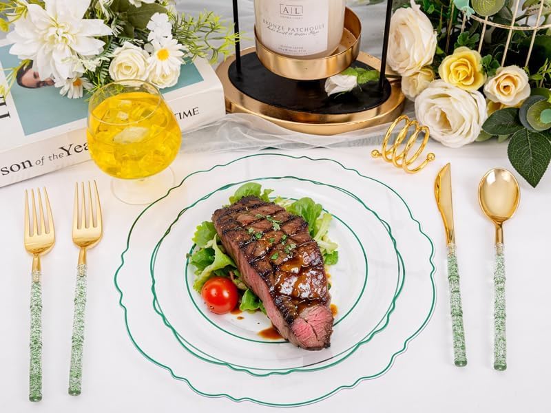 Liacere 150PCS Clear and Green Plastic Plates - Disposable Plates with Glitter Bamboo Handle Cutlery - 60 Baroque Elegant Plates,30Forks,30Spoons,30Knives for St. Patrick's Party