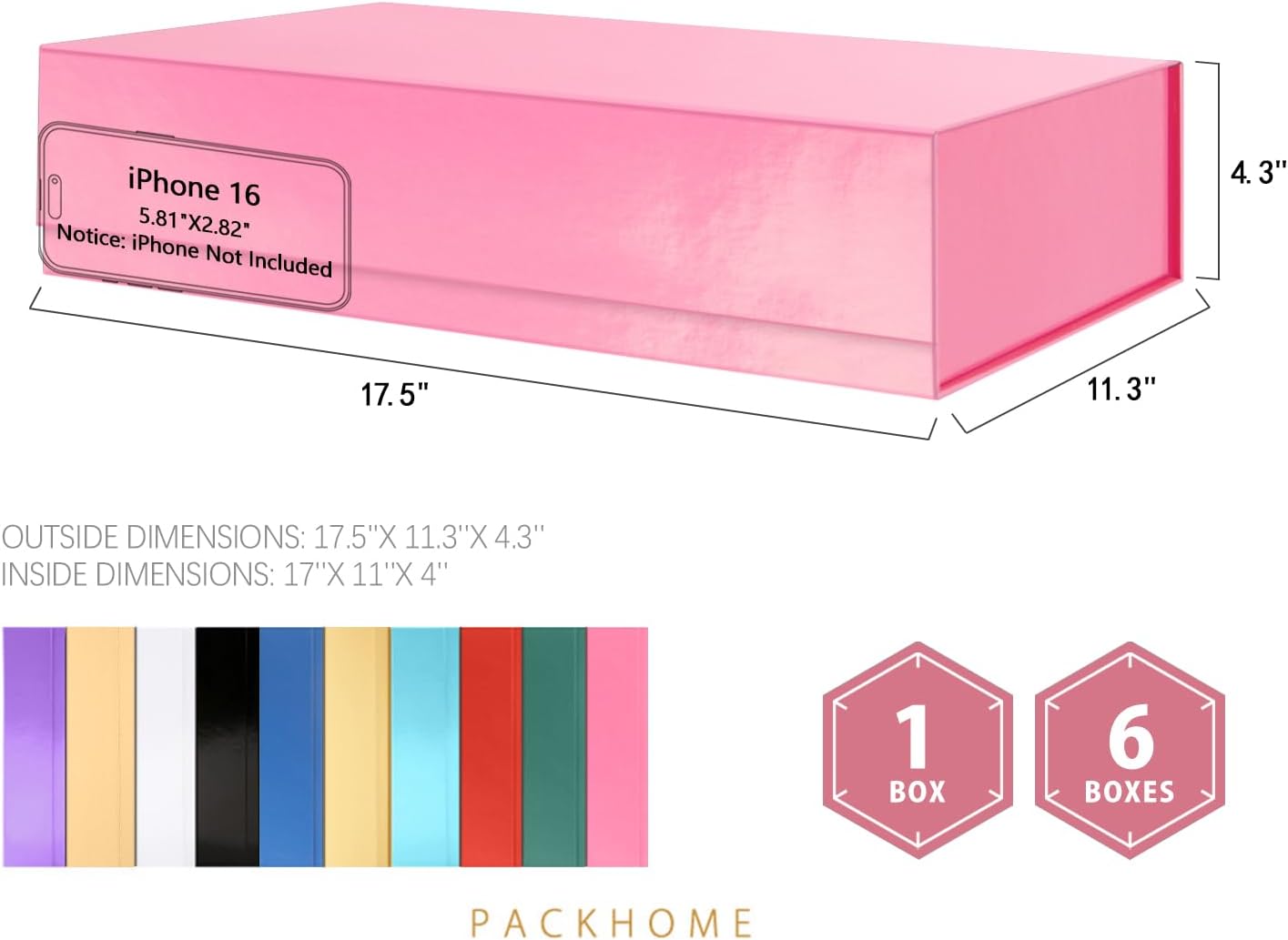 PACKHOME 6 Extra Large Gift Boxes 17.5x11.3x4.3 Inches, Sturdy Shirt Boxes with Magnetic Lids for Clothes and Large Gifts (Glossy Pink)