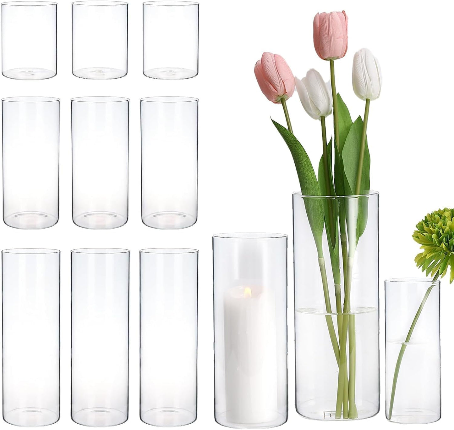 PHOSPHOR 9 PCS Glass Candle Holders for Pillar Candle Clear Glass Cylinder Centerpieces Vases Table Decoration Centerpiece Hurricane Candle Holder Glass