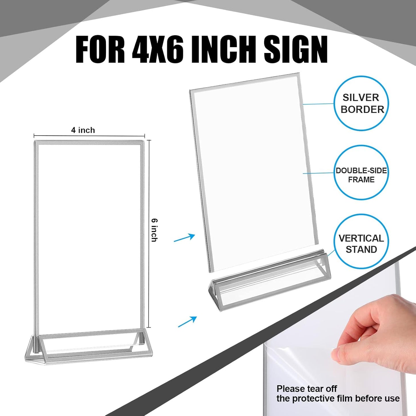 Blulu 12 Pack Acrylic Sign Holder Double Sided Picture Frame Wedding Table Number Stands with Border and Vertical Clear Display Menu Holders for Wedding Party Restaurant(4 x 6 Inch,Silver)