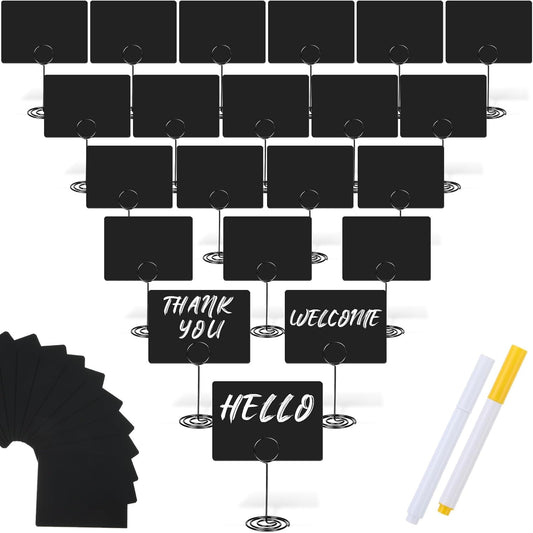 TecUnite 24 Pack Mini Chalkboard Signs, 4"x3" Small Table Place Cards with Metal Stand and 2 Marker Pens Food Labels for Party Buffet, Tabletop Blackboard Signs Name Tags for Wedding Bakery(Black)