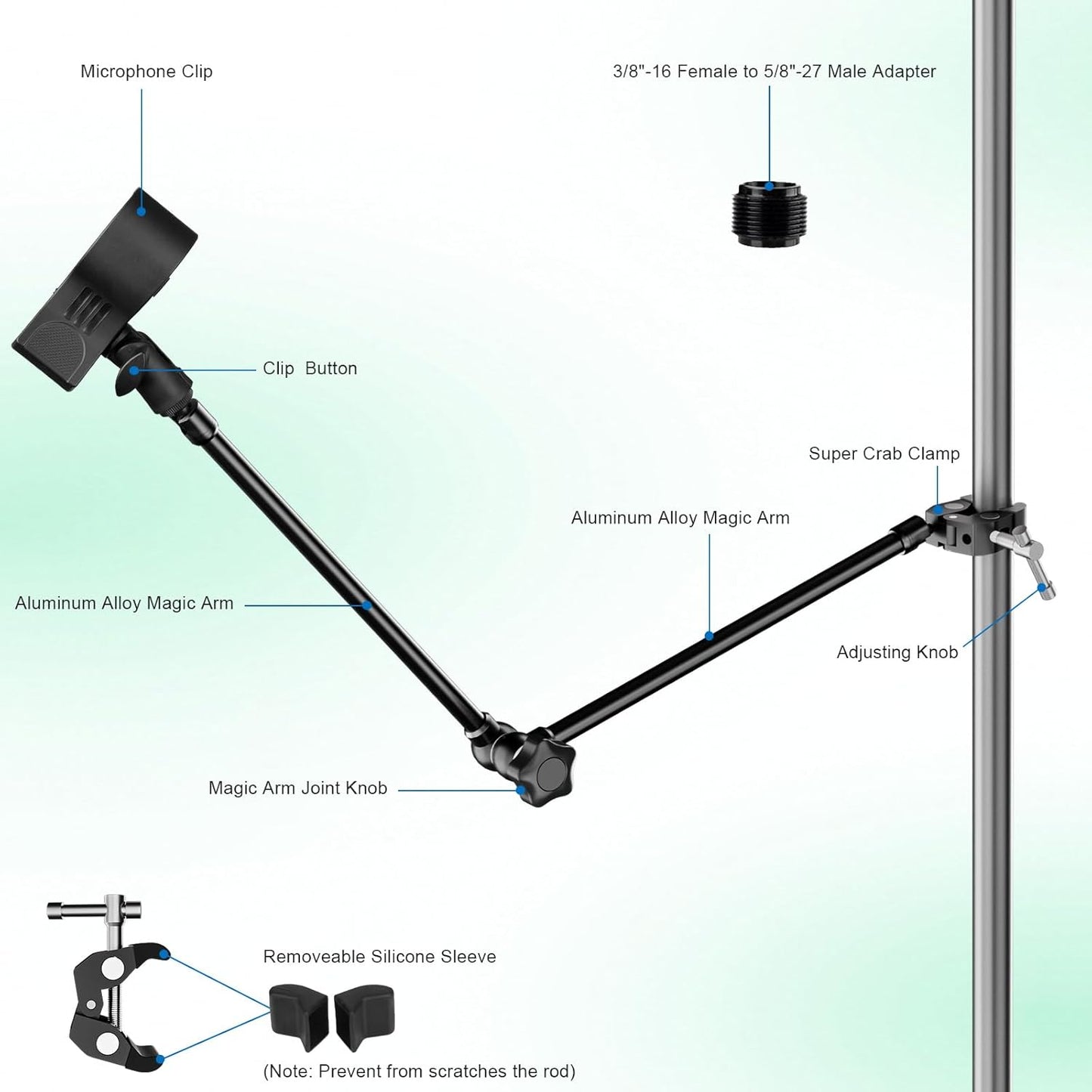 Microphone Stand Holder,21.5" Long Flexible Adjustable Magic Arm Super Crab Clamp Mic Clip 3/8"-16 to 5/8"-27 Adapter Mount,Compatible with Shure/Fifine /AT2020 /Pyle/Blue Snowball/Razer