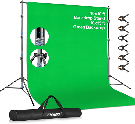 EMART Photo Video Studio 10 x 10ft Green Screen Backdrop Stand Kit, Photography Background Support System with 10 x15ft Muslin Chromakey Curtain for Photography Shooting