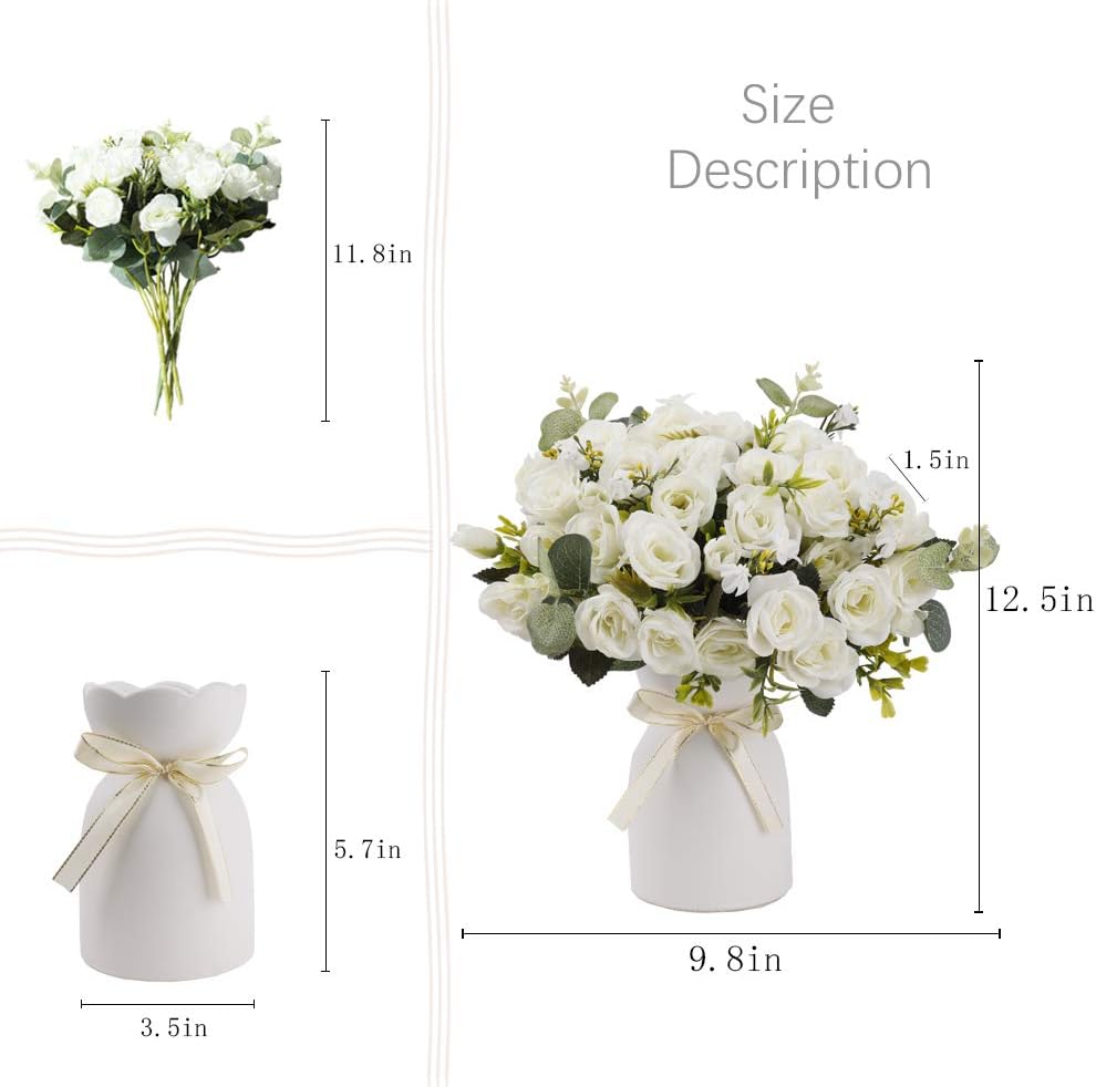 LESING Artificial Silk Rose with Vase Fake Flowers Wedding Flowers Bouquets Arrangement Home Office Party Centerpiece Table Decoration (White)